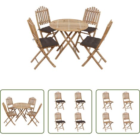 Chaises de jardin - Ensemble à manger d'extérieur pliable 5pcs avec coussins Bambou (1/5)