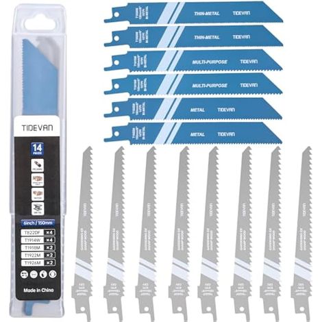 Accessoires pour scie sabre, lot de 14 lames 150 mm avec boîte de rangement, pour métal, métal mince, plastique, bois et bois clouté. (1/5)