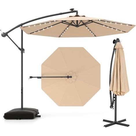 Parasol Déporté 3,5x3,5M, Parasol de Jardin Extérieur 40 LED Solaire avec 2 Sacs de Sable, Protection UV, Inclinable, Manivelle, Beige (1/5)