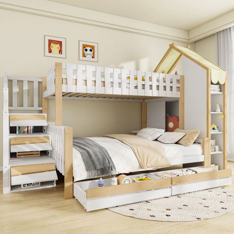 Letto a Castello 90×200 cm e 140×200 cm, Letto 3 Posti con Scala Contenitore, 4 Cassetti e Sponde, senza Materasso, Bianco Naturale
