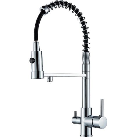 Robinet de Cuisine Acier Inoxydable Chrome – 3 Voies, Rotation 360°, Double Lance de Rinçage Extensible Haute Pression, 3 en 1 pour Filtre à Eau (Eau Pure) (1/5)