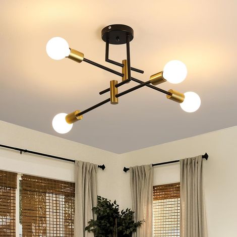 Lustre Industriel 4 Lumières - Acier Noir et Or - Suspension Rétro E27 - Éclairage Intérieur Salon Cuisine - Diamètre 55 cm (1/5)