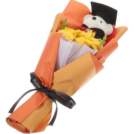 Bouquet de Fleurs Ours, Bouquet de Fin D'études, Ours en Peluche en Papier et Tissu, Orange, Décoration de Remise de Diplôme, Présent de Diplôme, Photo Prop pour Décorer la Maison (1/5)
