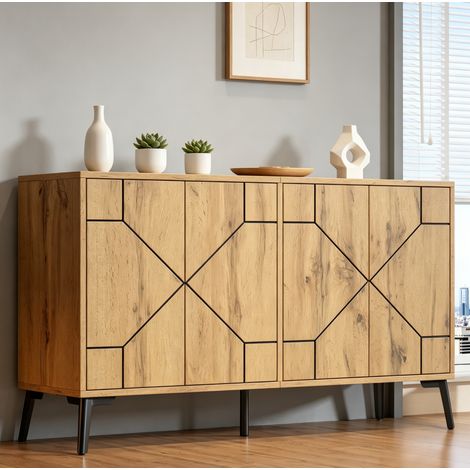 Credenza 4 ante 120 x 35 x 69 cm con apertura a pressione, MDF e metallo, naturale HAVRYA (1/5)