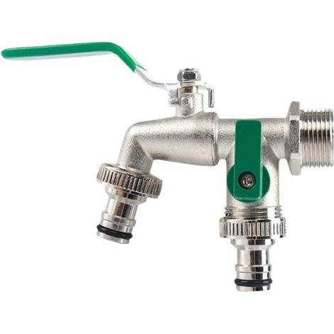 Robinet Extérieur Double Universel - Antigivrage & Inoxydable - Laiton Premium - Entrée 1/2 pouce & Sortie 2x 3/4 pouce - Incluant Ruban d'Étanchéité & Raccords de Tuyau - Robinet de Jardin - Or/Argen (1/5)