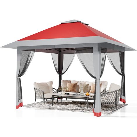 Tonnelle de jardin pliante 4 x 4 M, Pop Up Gazebo, Tente de Canopée, Moustiquaire, Rapide, 4 Sacs de Sable, Rouge + Gris clair (1/5)