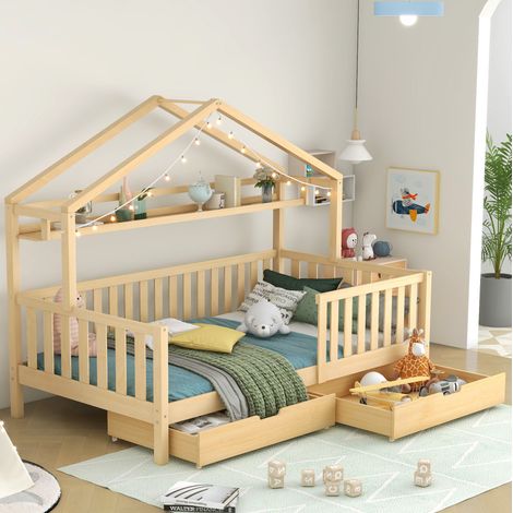 lit avec tiroirs lit cabane 90x200 en pin naturel HAVRYA (1/5)