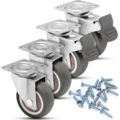 Ensemble de quatre roulettes pour meubles, roulettes pivotantes, deux avec freins et deux sans, roues de transport rotatives à 360 degrés.