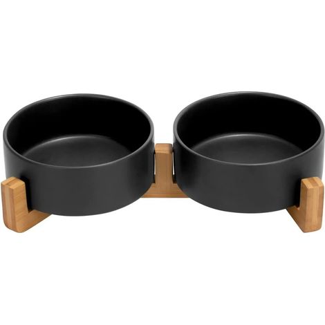 Comedero de cerámica para perros y gatos, con soporte de madera antideslizante, esmerilado, con peso, para comida y agua para gatos y perros pequeños.