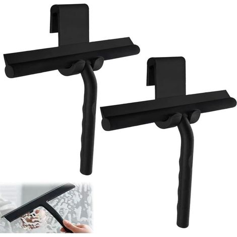 Lot de 2 raclettes de douche en silicone avec crochet, 34 cm avec support, raclette de douche multi-usages pour portes en verre, miroirs, carreaux, voitures (noir) (1/5)