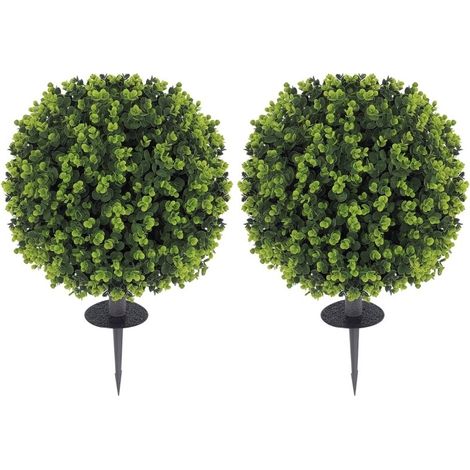 Lot de 2 boules de buis artificielles vertes avec piquet, résistantes UV, usage intérieur et extérieur