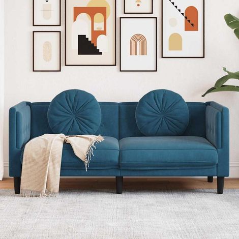 2-Sitzer Sofa Samt Blau mit Kissen für Wohnzimmer (1/5)