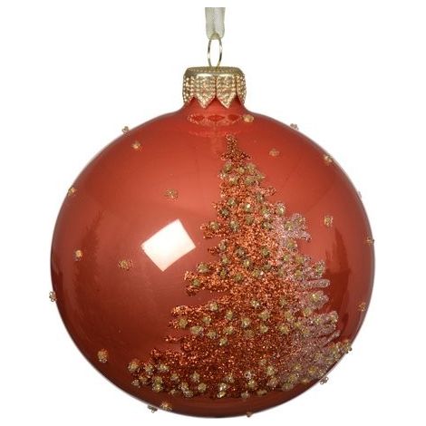 Pallina de Navidad de vidrio color calabaza con árbol 8 cm