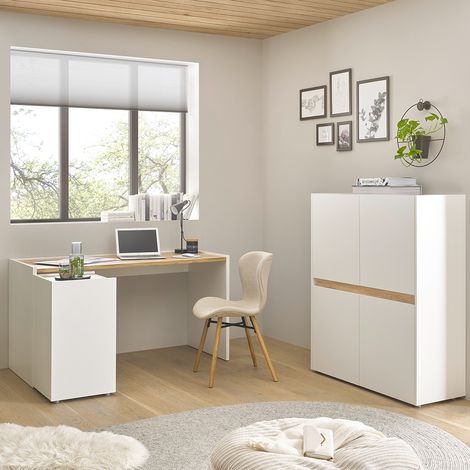 Büromöbel Set weiß mit Eiche CRISP-61 modern 3-teilig mit Schreibtisch (1/5)