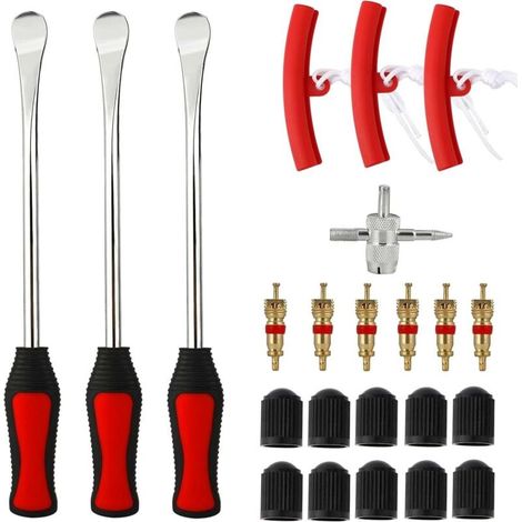 Reifenmontierhilfe-Set, 23-teilig, 3 Reifenheber, 3 Felgenschoner, Werkzeugsatz, 10 Ventilkappen und Kappen für Motorrad/Fahrrad (1/4)