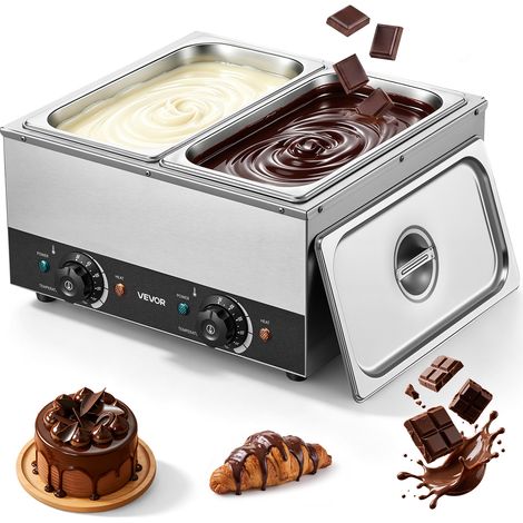 VEVOR Fondoir a Chocolat 2 Cuves 1600 W Regulation Thermique Independante, pour Beurre Fromage Lait Sauces Chocolaterie, Capacite 8,2 kg, Bain Marie Electrique Chauffe Chocolat 30-85 °C, Corps en Inox (1/5)