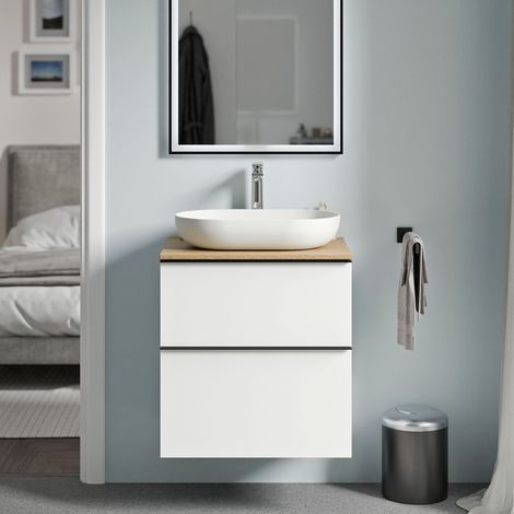 Waschtischunterschrank Bernstein LAVOA 60 cm für Aufsatzwaschbecken - Korpus Weiß matt, Metallgriff Schwarz matt, Waschtischplatte Eiche Honiggold