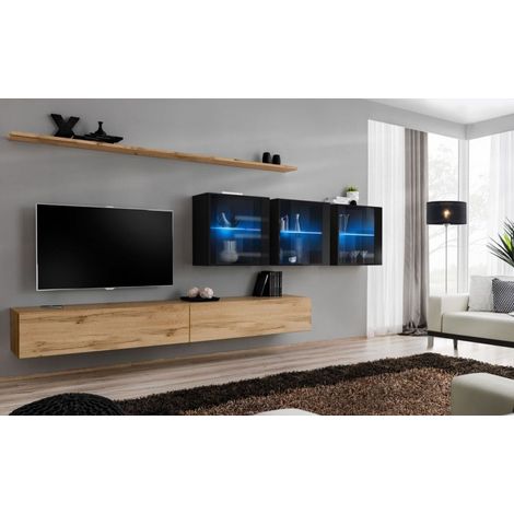 Ensemble mural - Switch XVII - 3 vitrines LED - 2 banc TV - 2 étagères - Bois et noir - Modèle 1 - Livraison gratuite