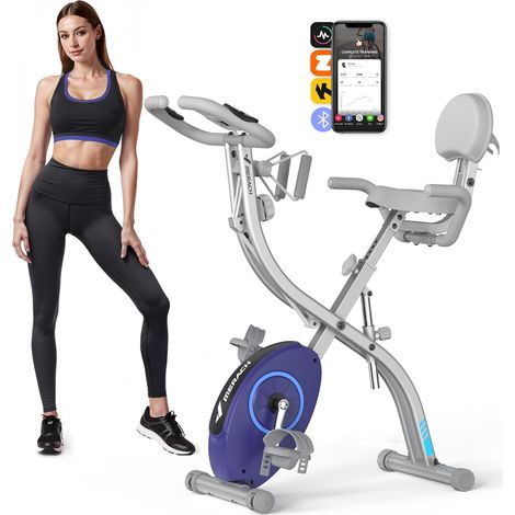 Merach – Vélo d'appartement pliable 4 en 1 – 16 niveaux de résistance magnétique – Charge max 136 kg – Compatible Kinomap et Zwift