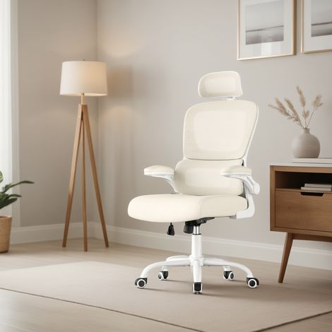 Chaise Ergonomique, Accoudoirs Rabattables, Soutien Lombaire et Appui-Tête Réglables, Fonction de Bascule, Beige (1/5)
