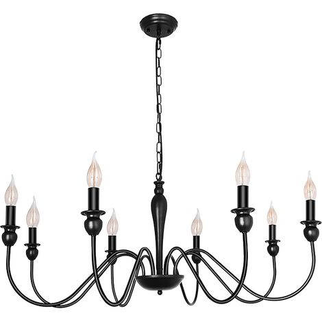 Lustre De Ferme Noir Mat Luminaire Plafond 8 Grands Lustres Industriels Rustiques Ø95cm Pour Salle À Manger Plafonnier Bougie Pour Salon Chambre Cuisine Îlot Foyer (1/5)