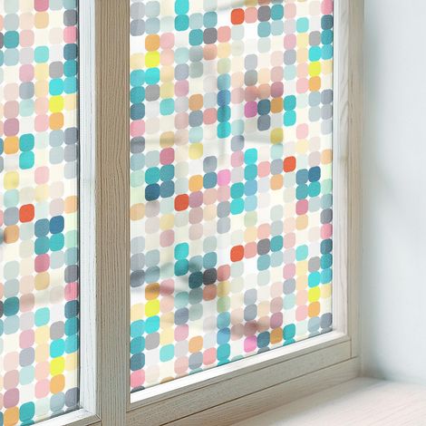 Fensterfolie 200x100 cm Sichtschutz Fenster Selbstklebend PVC Milchglas Dekorativ Dekorfolie Blickdicht Folie für Badezimmer Büro Bunte Quadrate