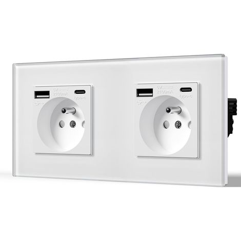 Prise en verre cristal Murale avec USB et 1 Type C alternatif Multiprise Murale avec USB 2.1A courant 16 Amp 240V 157mm Blanc (1/5)
