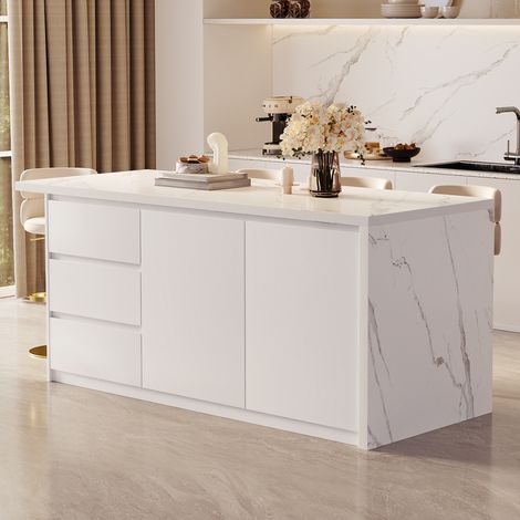 1830 mm Ilot Central Blanc Extensible pour Cuisine avec Portes et Tiroirs Dessus à Motif en Marbre