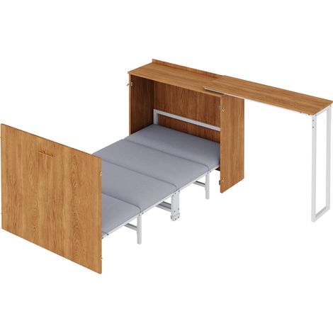Cama abatible con escritorio giratorio y colchón 90 x 200 cm, natural (1/5)