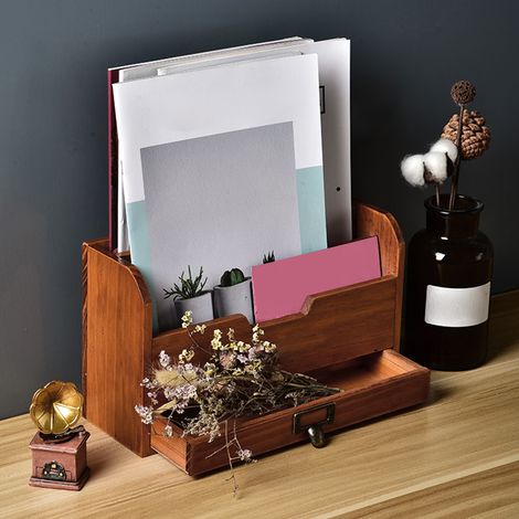 Rangeur de Bureau Bois avec Compartiments et Tiroir - Organisateur pour Papeterie, Bijoux et Accessoires (29x16.7x10cm, Pin) (1/5)
