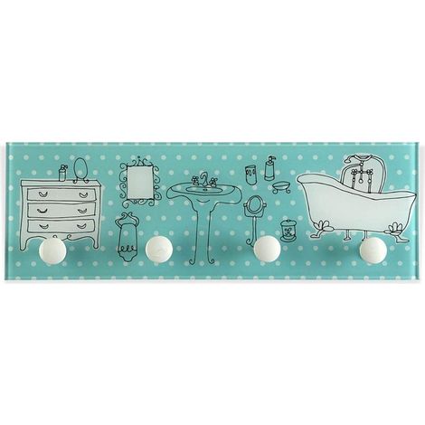Porte-Manteau Mural de Salle de Bain en Verre à 4 poignées en métal de Couleur Bleu Ciel, 36 x 12 x 3 cm