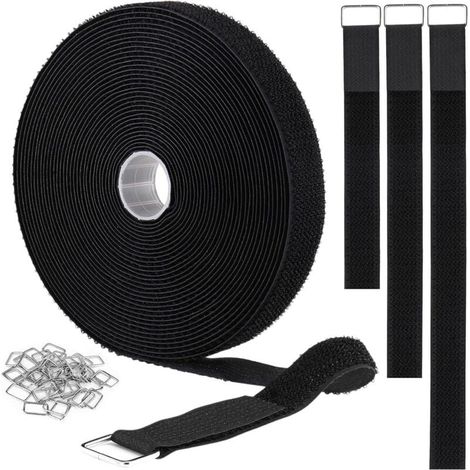 Sangles auto-agrippantes 2 cm x 10 m avec 50 boucles métalliques, serre-câbles réutilisables à couper à longueur, sangles de fixation réglables, sangle de serrage en nylon, noir (1/4)