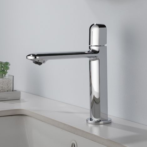 Robinet de Lavabo Bas à Bec Long en Argent, Mitigeur Eau Froide et Chaude, Salle de Bain (1/2)
