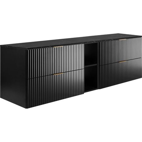 Meuble de salle de bain suspendu, noir / plan de travail en marbre noir aspect imprimé (MDF), 180 x 57 x 46 cm (1/5)