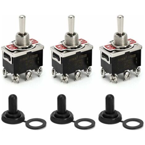Interrupteur à bascule, AC380V 15A / AC250V 10A, interrupteur marche/arrêt/marche 3 positions 6 broches avec capuchon étanche noir, 3 pièces (1/5)