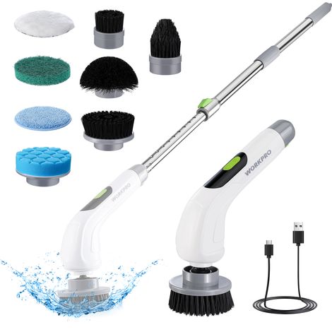 Workpro – Brosse de nettoyage électrique rotative sans fil – 8 brosses interchangeables – Poignée extensible 30-120 cm – 3 vitesses réglables – IPX6