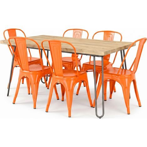 Pack Esstisch - Industriedesign 150cm + 6er-Pack Esszimmerstühle - Industriedesign - Hairpin Stylix Orange
