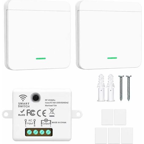 433 MHz Wireless Light Switch Kit, Remote Control Kit with Receiver 10 A 230 V for Home Lighting (1 Receiver + 2 Control Panels) 433Mhz 230V 10A Interrupteur Radio D'éclairage Télécommandé Portée de 3 (1/5)
