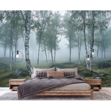 Fototapete Birkenwald Natur Nebel 3D-Optik, für Wohnzimmer und Schlafzimmer, 150 x 105 cm – Komplettset inkl. Kleister & Anleitung (1/5)