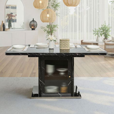 Table de salle à manger rectangulaire moderne extensible de 120 à 160 cm, avec plateau en marbre noir imprimé et meuble de rangement intégré. Pieds en métal. (1/5)