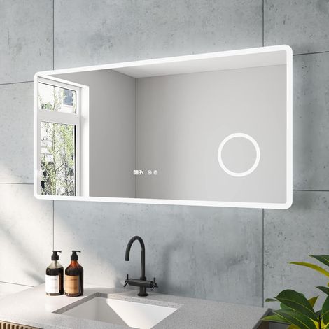 Badspiegel mit LED Beleuchtung Beschlagfrei Uhr Kosmetikspiegel Lichtspiegel Touchschalter Energiesparend Dimmbar Badezimmerspiegel Wandspiegel 6400k Kaltweiße BORAS-Serie 120x60 cm