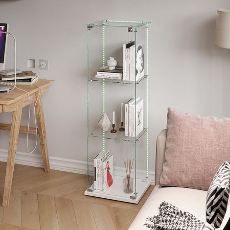 Vetrina 39,8x35x123,3 cm, armadio espositivo da collezione a 3 ripiani con anta singola, illuminazione LED e serratura, vetro temperato e metallo, bianco