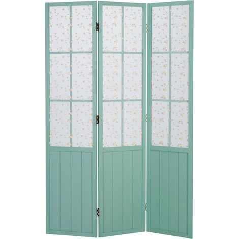 Biombo de 3 paneles separadores de ambientes en madera turquesa y tela floral 170x120 cm PAR06091