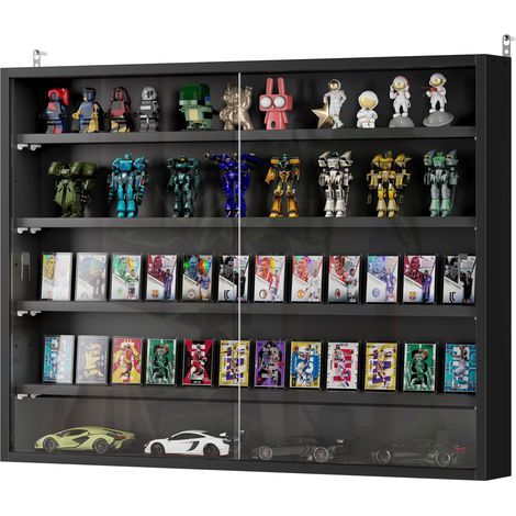 Vitrine murale pour objets de collection 5 étagère réglables en hauteur et 2 portes coulissantes 80 x 9,5 x 60 cm noir (1/5)