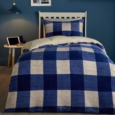 Parure de lit à Carreaux Bleus - Lit Simple (140 x 200 cm) - Housse de Couette en Polaire Douce et Douillette - Motif Tartan Bleu et Blanc - Parure de lit Bleue (1/4)
