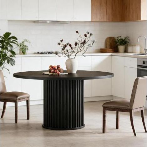 Tavolo da pranzo rotondo 120x120x75 cm nero in legno con base in metallo regolabile (1/5)
