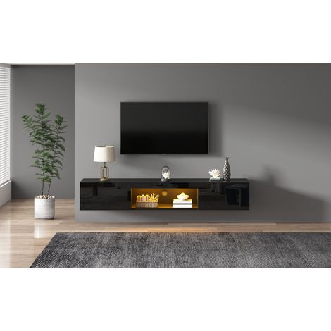 Armoire à encastrer de hauteurs 1603122 cm, en finition brillante. Elle dispose d’un porte-téléviseur et d’une armoire pour téléviseur, équipées de lumières LED. (1/5)