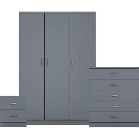 Riano 3 Piece Bedroom Set (2 Drawer Bedside Chest, 5 Drawer Chest, 3 Door Wardrobe), Grey (1/3)