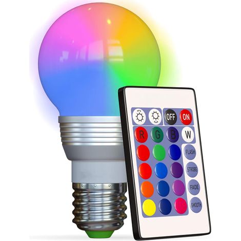 Nouvelle lampe LED à ampoule à changement de couleur avec télécommande (lot de 4) : 16 couleurs au choix, modes continu, clignotant ou stroboscopique. Qualité et consommation énergétique optimales. (1/5)