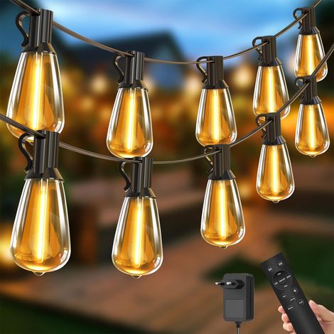 Guirnalda de luces para exterior de 15 m, luces de jardín regulables, con mando a distancia y 25+1 bombillas LED ST38, resistencia al agua IP44. (1/5)